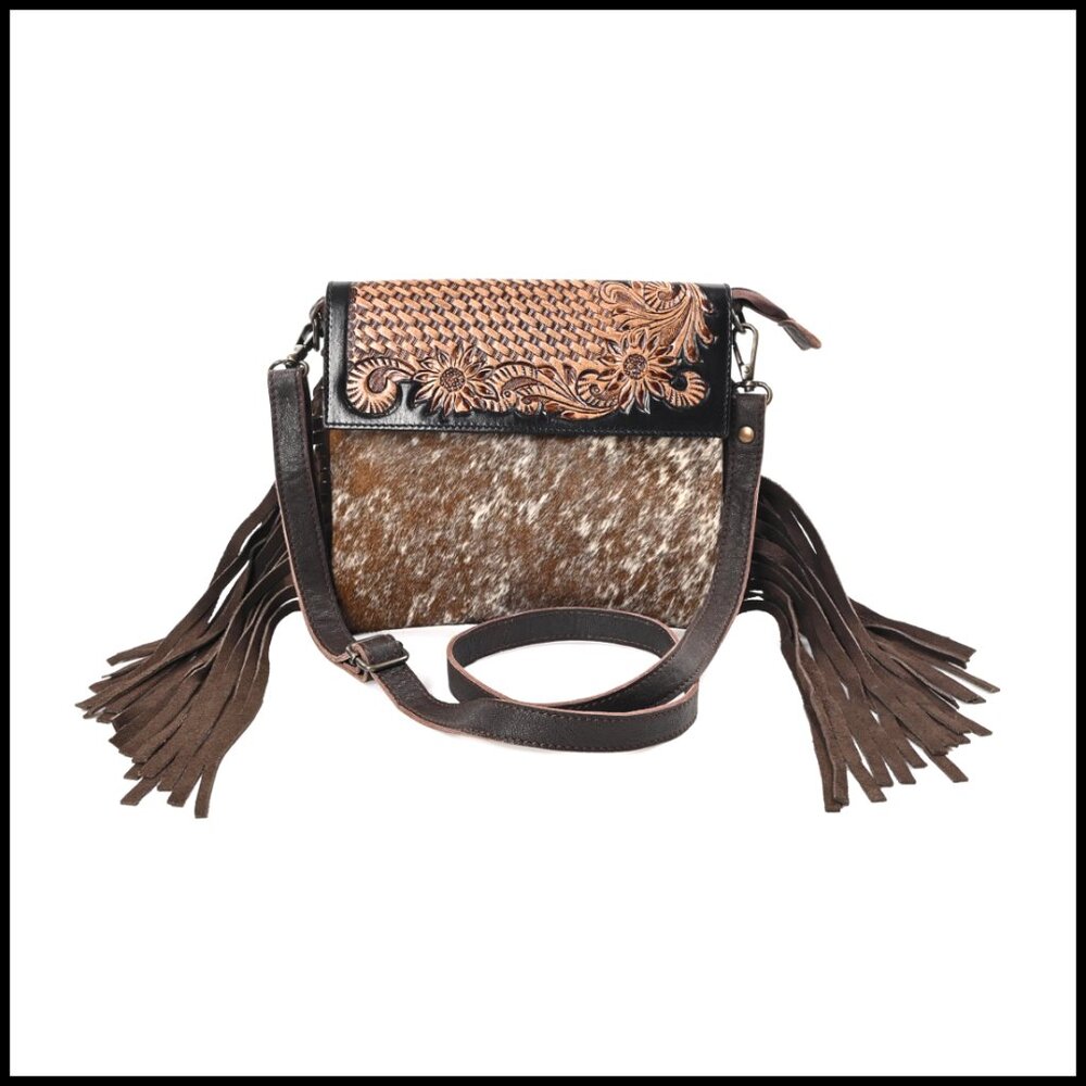 Leather Shoulder Bag Adjustable Strap Hand Tooled Floral Design Fringe
